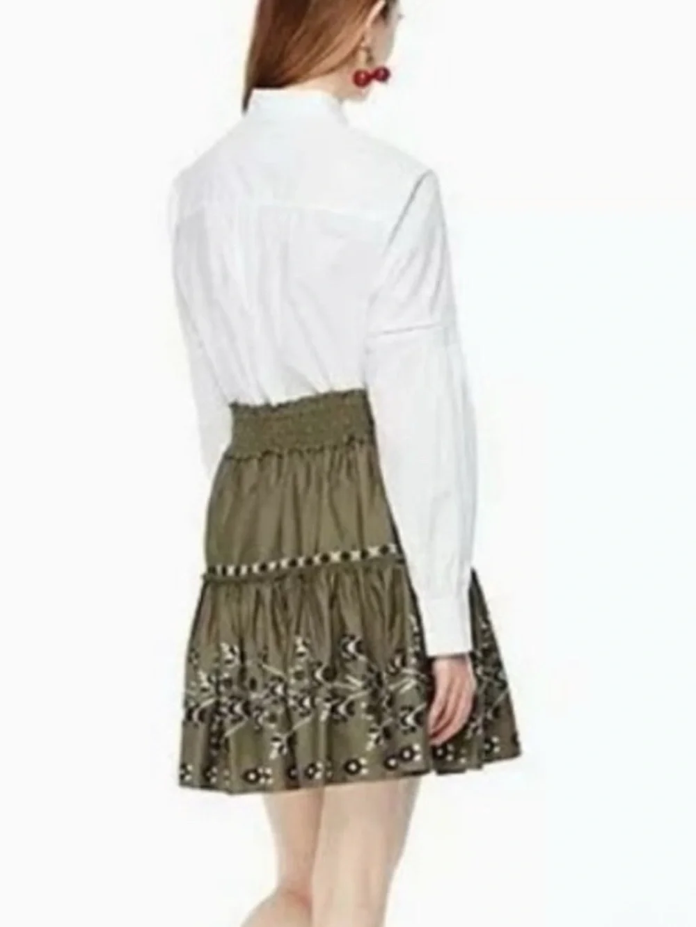 KATE SPADE BROOME STREET Embroidered Floral Poplin Skirt Green Medium
